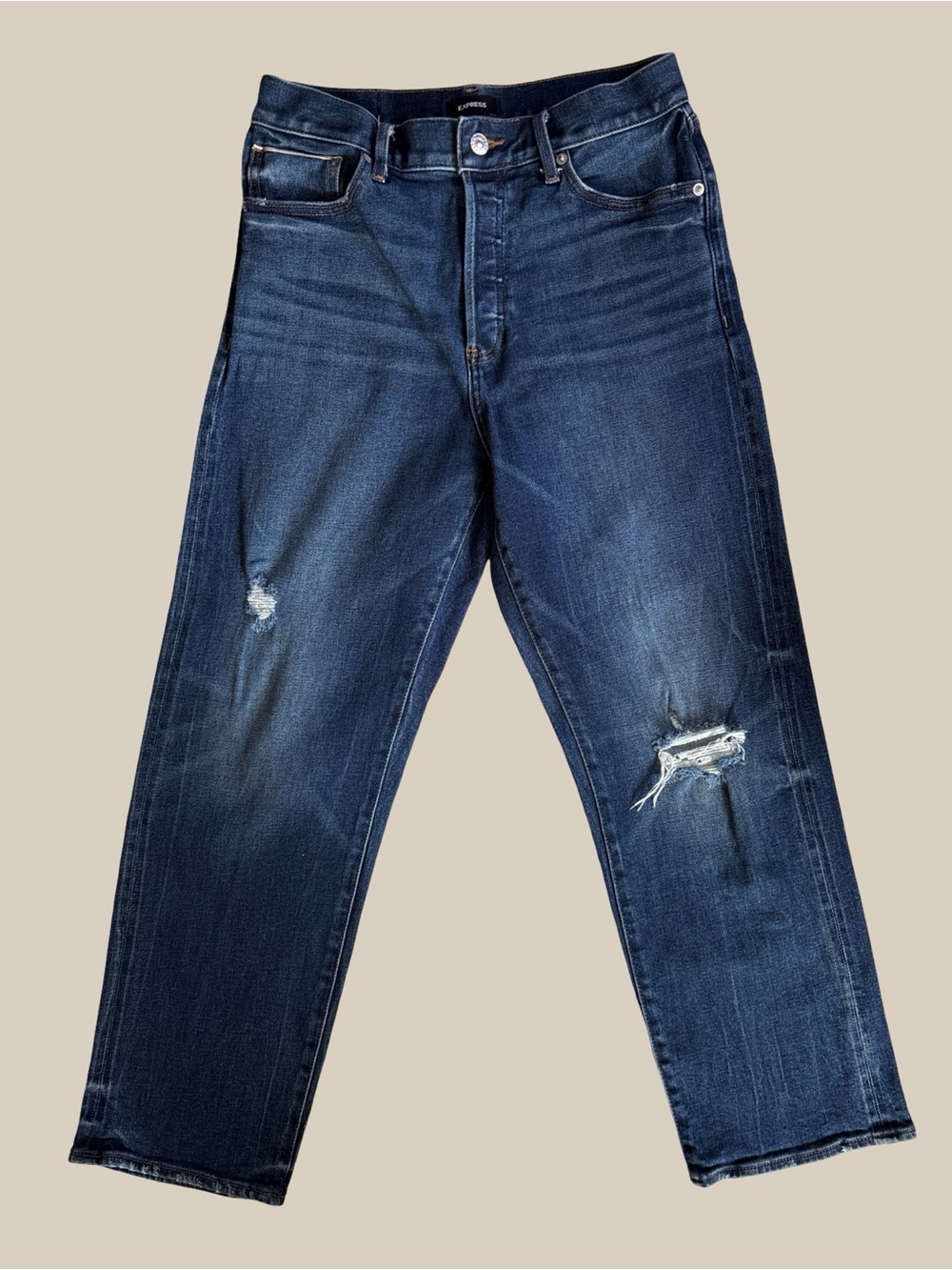 Express High Rise Straight Ankle Distressed Dark Wash Jeans Button Fly SZ 6S